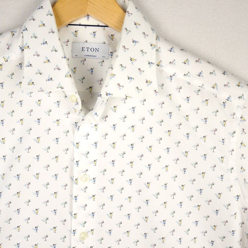 ETON Cocktail All Over Print Poplin Dress Shirt Mens 16.5 EU 42 White Beach AOP